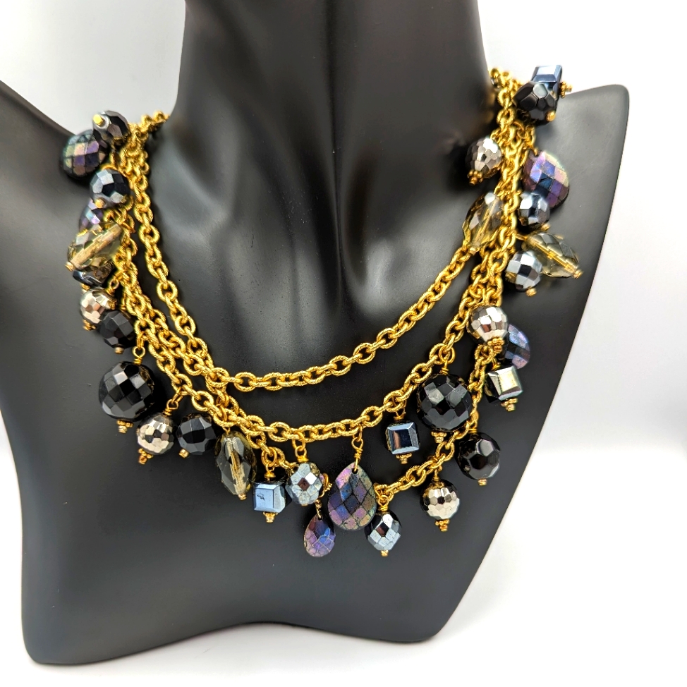 Vintage Rachel Reinhardt Black Ab Smoke Quartz Bead Gold Tone Necklace